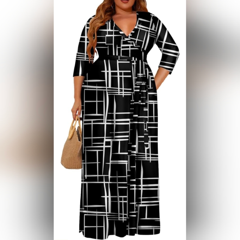 Faux wrap maxi dress, black & white, 3/4 sleeve 3xl
